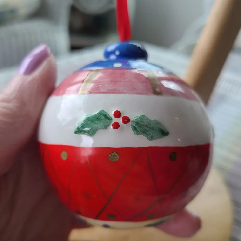 Vintage Hand-Painted Handmade Ceramic Christmas Ornament Holly Berry Red Ribbon